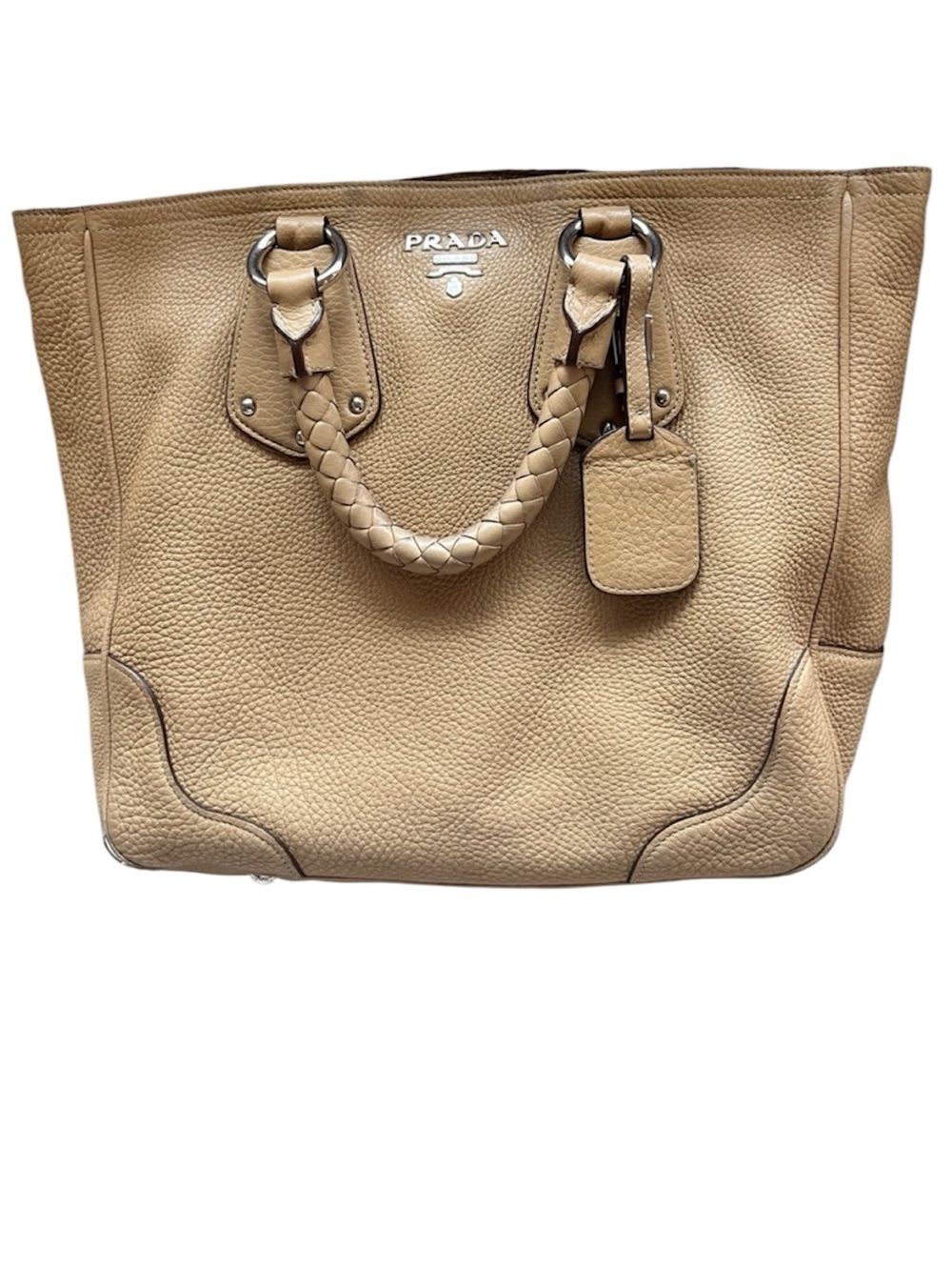 Prada Vitello Daino Tan Pebbled Leather Braided-Handle Tote Authentic Cert